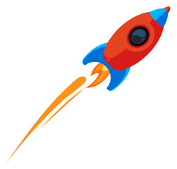 Poster - Flying rocket with flame trail. Shuttle launch in cartoon style