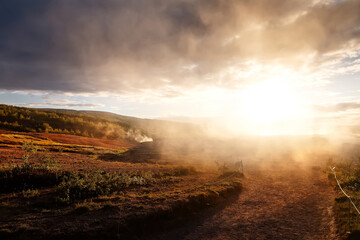 Leinwandbilder - Icelandic valley under mist in the morning. Stunning Nature of Iceland. Amazing area near Strokkur Geysir under sunlight. Travel is a Lifestyle, concept. Iceland is a most popular place of travel.