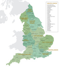 Detailed Map Of England With Administrative Divisions Into Regions, Counties And Districts, Major Cities Of The Country, Vector Illustration Onwhite Background