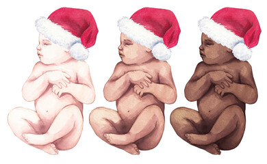  Newborn baby in Santa Claus hat. Watercolor baby shower PNG, first Christmas illustration
