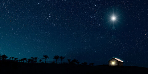 Wall Mural - The star shines over the manger of christmas of Jesus Christ. panorama