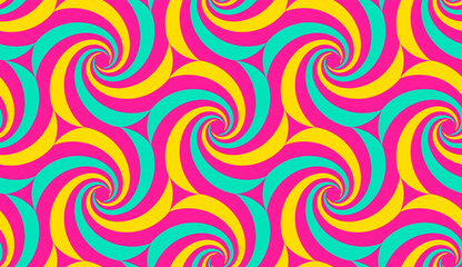 Wall Mural - Psychedelic hypnotic background. Spiral surreal hypnosis seamless pattern. Optical illusion neon art with swirl circle elements, tidy vector design