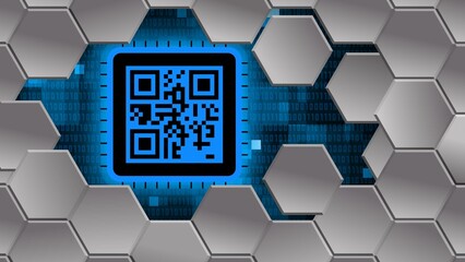 Poster - Image of QR code behind a cutout of a mosaic of hexagons - 3D Illustration