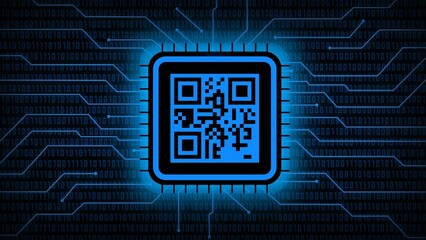 Wall Mural - Image of QR code in the middle on abstract background of blurred binary code behind information connecting lines - 3D illustration