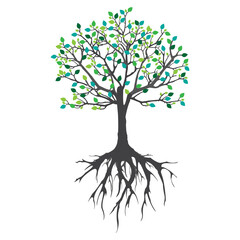 Abstract tree with roots. Vector outline illustration. Plant in Garden.