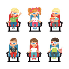 Wall Mural - Cute Little Kids in 3D Glasses Watching Movie in Cinema Sitting on Chair with Popcorn Vector Set