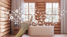 Glowing Smart Home Interface, Geometric Background, Connected Line And Dots Showing Internet Of Things System, Hand Pointing Icons Over Log Cabin Bathroom, Home Automation