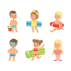 Canvas Print - Little Children at Seaside Enjoying Summer Beach Vacation Wearing Swimwear Vector Set