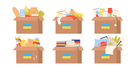 cardboard boxes set with humanitarian aid for ukrainian people vector illustration. cartoon isolated