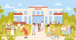 © Flash Vector - Nursing home and elderly patients vector illustration. Cartoon happy nurses helpers and senior people walk in park near building exterior of hospital, sanatorium or rehabilitation center background