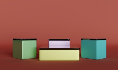 Aufkleber - Pastel tone Square podium glass floor on a carmine background Abstract Colorful geometric podiums