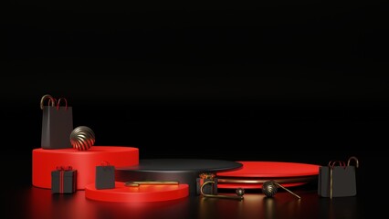 Aufkleber - Black Friday Sale. Realistic 3d design stage podium, round studio,gift box black, red bow, shopping bag,