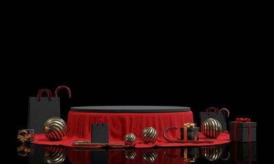 Aufkleber - Black Friday Sale. Realistic 3d design stage podium, round studio,gift box black, red bow, shopping bag,