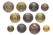 Brass, Copper Metal Uniform Vintage Round Old Used Buttons. Russian Empire, USSR, Latvia, Lithuania And German Leather Button. Star, Crown, Eagle Wings. White Isolated Background. Real Big Photos.