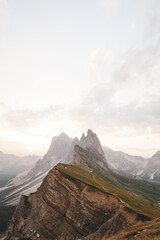 Wall Mural - Stunning view of the Seceda ridge during a cloudy day. The Seceda with its 2.500 meters is the highest vantage point in Val Gardena, Dolomites, Italy..