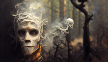 Digital Art Of A Haunted Forest And Scary Figures Emerging From Smoke.