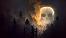 Digital Art Of A Haunted Forest And Scary Figures Emerging From Smoke.