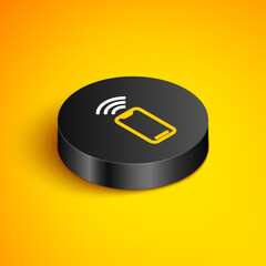 Sticker - Isometric line Wireless smartphone icon isolated on yellow background. Black circle button. Vector