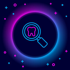 Sticker - Glowing neon line Dental search icon isolated on black background. Tooth symbol for dentistry clinic or dentist medical center. Colorful outline concept. Vector