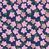 Azalia seamless pattern, Flower repeat print, Floral summer background, Pink flowers on dark background, Bloom bright wallpaper, Wrapping paper design, Textile and fabric print