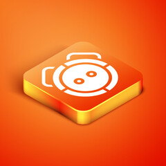 Poster - Isometric Robot vacuum cleaner icon isolated on orange background. Home smart appliance for automatic vacuuming, digital device for house cleaning. Vector