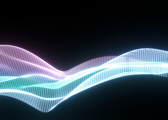 Poster - 3d abstract background of flying neon particles in motion, wavy lines flow big data technology and science theme, 3D dots array flowing in motion, nanotechnology.