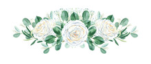 Watercolor Rustic Wedding Garland Bouquet Isolated On White Background. Creamy White Roses Buttons, Leaves, Gypsophila, Eucalyptus And Olives Branches. Hand Drawn Botanical Illustration. Can Be Used