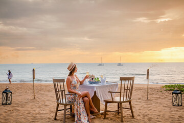 Happy woman in luxury outdoor restaurant happy and smiling after proposal