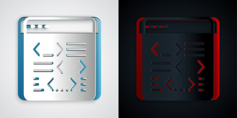 Paper cut Software, web developer programming code icon isolated on grey and black background. Javascript computer script random parts of program code. Paper art style. Vector