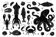 Seafood Sketch Set. Underwater Animals Banner. Marine Delicacy Meal Menu Illustration. Fishes, Lobster, Squid, Octopus, Crab, Fish Fillet.