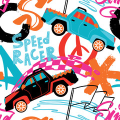 Wall Mural - Abstract seamless cars pattern for boy on background. Childish style wheel auto repeated backdrop