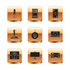 Poster - Set Sword for game, Mystery random box, Computer monitor, Bomb ready explode, Joystick arcade machine, Playing card with diamonds, Mobile playing and Create account screen icon. Vector