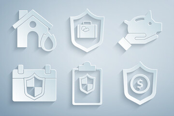 Poster - Set Document with shield, Piggy bank, Calendar, Shield dollar, Travel suitcase and Fire in burning house icon. Vector