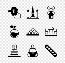 Set Poodle Dog, Place De La Concorde, Windmill, Fountain, Handbag, French Baguette Bread, Perfume And Louvre Museum Icon. Vector