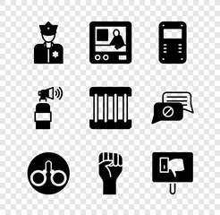 Poster - Set Police officer, Television report, assault shield, Handcuffs, Raised hand with clenched fist, Protest, Air horn and Prison window icon. Vector