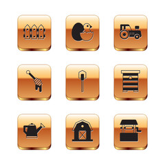 Sticker - Set Garden fence wooden, Watering can, Farm house, Shovel, Honey dipper stick, Tractor, Well and Little chick cracked egg icon. Vector