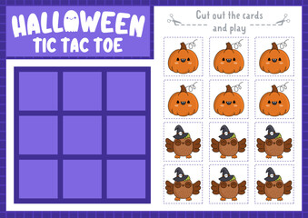 Wall Mural - Vector Halloween tic tac toe chart with pumpkin and owl. Samhain party board game playing field with cute kawaii characters. Funny autumn holiday printable worksheet. Noughts and crosses grid .