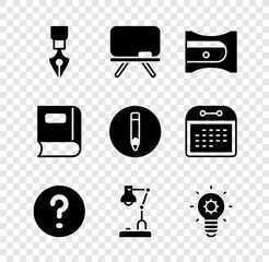 Poster - Set Fountain pen nib, Chalkboard, Pencil sharpener, Speech bubbles with Question, Table lamp, Light bulb, Book and icon. Vector