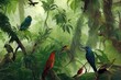 A rainforest with birds and lizards illustration. Generative AI