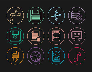 Poster - set line music note, tone, dead monitor, kayak and paddle, delete file document, floppy disk, water 