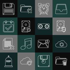 Poster - Set line Delete folder, Cloud sync refresh, Hard disk drive HDD protection, Alarm clock, Calendar with check mark, Floppy and Stereo speaker icon. Vector