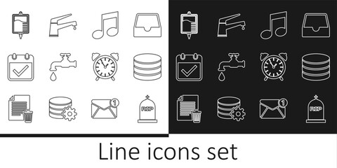 Poster - Set line Tombstone with RIP written, Database, Music note,, Water tap, Calendar check mark, IV bag, Alarm clock and icon. Vector