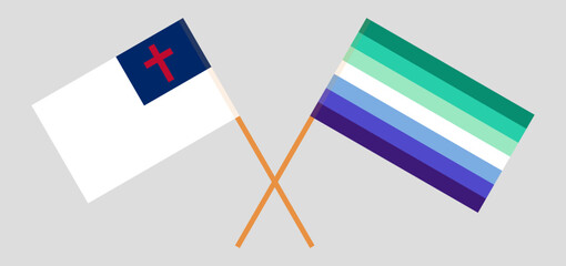 Crossed flags of christianity and gay men pride. Official colors. Correct proportion