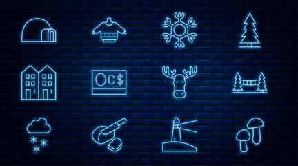 Poster - Set line Mushroom, Capilano Suspension Bridge, Snowflake, Canadian dollar, House, Igloo ice house, Moose head with horns and Christmas sweater icon. Vector