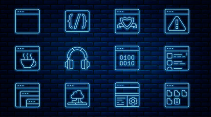 Set line Browser files, with shield, Headphones, Software, window, Binary code and Programming language syntax icon. Vector