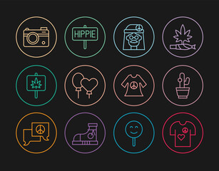 Sticker - Set line Peace t-shirt print stamp, Cactus, Hippie girl, Balloons, Marijuana, Photo camera, dress and icon. Vector