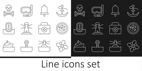 Poster - Set line Boat propeller, Radar with targets, Ship bell, Lighthouse, Location anchor, Skull crossbones, First aid kit and Diving mask and snorkel icon. Vector