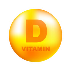 Wall Mural - Vitamin D with realistic drop on gray background. Particles of vitamins in the middle. Vector illustration.