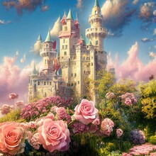 Fantasy Garden Castle With Many Flowers, Roses And Clouds Illustration