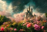 Fantasy garden castle with many flowers, roses and clouds illustration